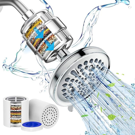 Filtered Shower Head with 9 Spray Settings for Hard Water, High Pressure Fixed Shower Head with 20 Stage Shower Filter, Include 2 Replaceable Shower Filter, Chrome