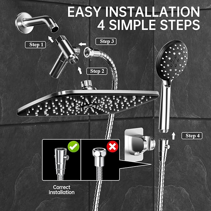 Veken 11.8 Inch High Pressure Rain Shower Head -Shower Heads with 5 Modes Handheld Spray Combo- Wide RainFall shower with 70" Hose & Bracket- Adjustable Dual Showerhead with Anti-Clog Nozzles - Chrome
