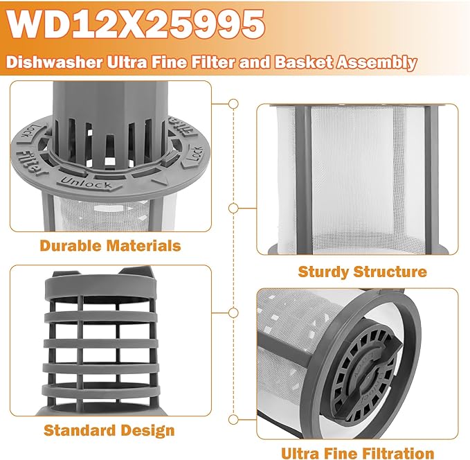 WD12X25995 Dishwasher Ultra Fine Filter and Basket Assembly Compatible With General Electric Hotpoint Haier dishwashers Replaces PS16217023 AP6989426