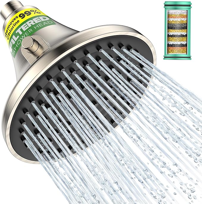 Filtered Shower Head Brushed Nickel - High Pressure Rain Shower Heads with Filter for Hard Water -Water Softener Filters Beads to Remove Chlorine, 1-Min Install, One-Button Filter Replacement