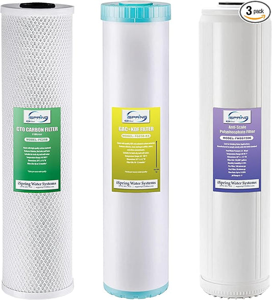 iSpring F3WGB32BKDS 4.5” x 20” 3-Stage Whole House Water Filter Replacement Pack with Polyphosphate Anti-Scale, GAC+KDF, and CTO Carbon Block Water Filters, Fits WGB32B-KDS