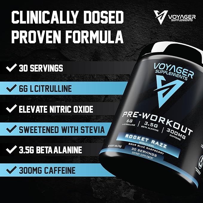 Voyager Pre-Workout Rocket Razz – Creatine-Free Powder w/L-Citrulline, Beta-Alanine, Caffeine – Supports Energy, Endurance & Focus – 30 Servings – No Artificial Fillers – GMP Certified