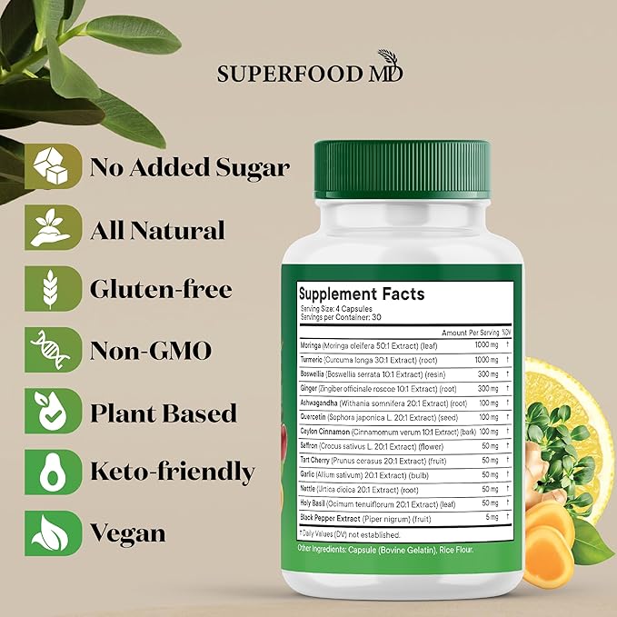 Moringa Supplement | Turmeric, Ginger, Boswellia, Saffron, Holy Basil, Nettle -Support Supplement for Women and Men with Ceylon Cinnamon, Quercetin, Tart Cherry- 120 Capsules