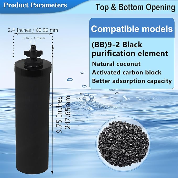 NSF/ANSI 42 Certified Black Purification Elements, for BB9-2® Water Filters Replacement, Compatible with Berkey Gravity Filtration System, Replacement for Berkey Black Filter, Pack of 2