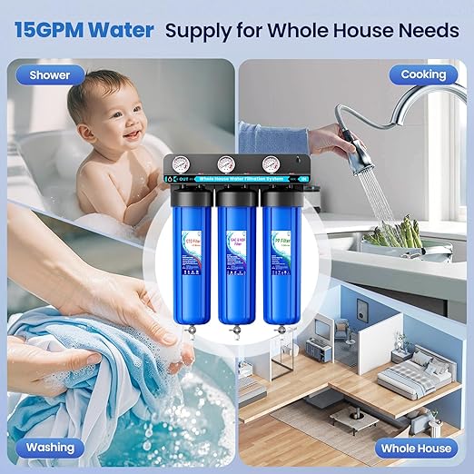 Whole House Water Filter System, 3-Stage Whole House Water Filtration System, with 20"x4.5" PP/GAC&KDF/CTO Filter, Reduces Chromium, Chloramine, Lead, Mercury, Copper, Nickel, Sediment, Odor, 1" FNPT