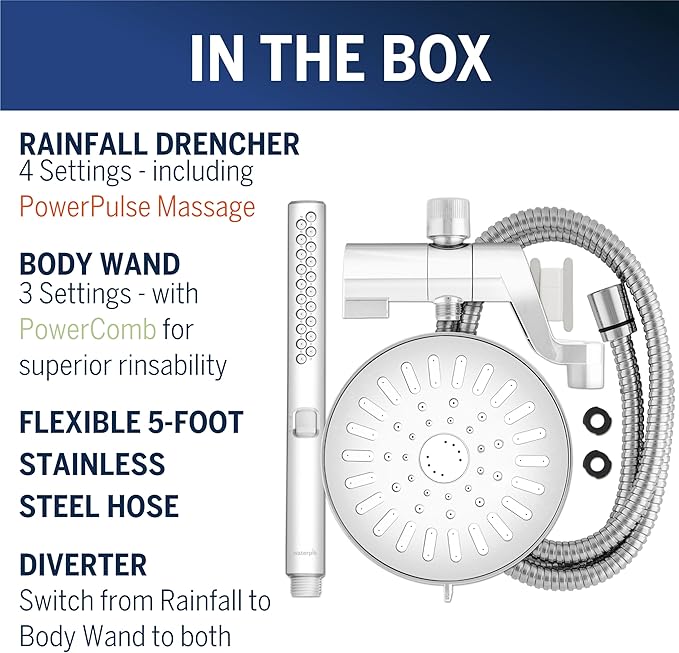 Waterpik High Pressure Handheld Wand and Rain Shower Head Combo with 8-Foot Long Metal Hose, BodyWand Spa System with 7 Spray Modes for Hair and Body, Chrome