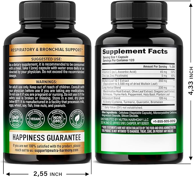 Mullein Leaf Extract for Lung Detox - Marshmallow Root | Echinacea | Oregano | Quercetin | NAC - 15-in-1 Lung Support & Cleanse for Smokers Supplement - Made in USA - As Drops, Tincture - 120 Capsules