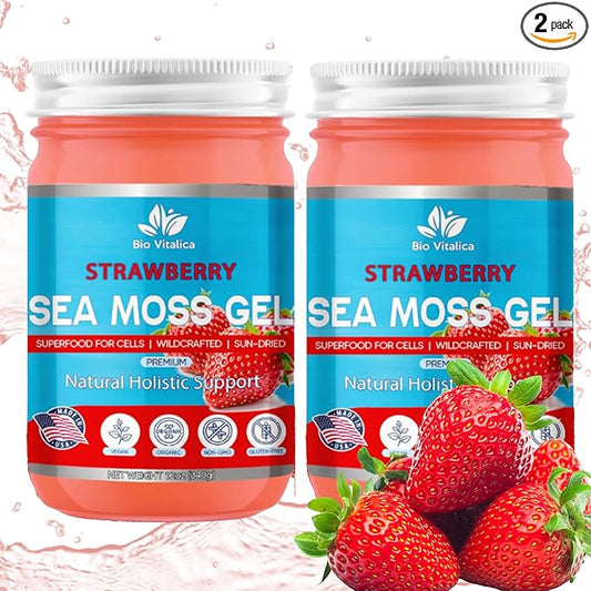 Sea Moss Gel by BioVitalica - Irish sea Moss raw Organic - Premium Quality - Dr Sebi, Vegan superfood for Cells - 100% Natural seamoss Gel - (Pack of 2, Strawberry)