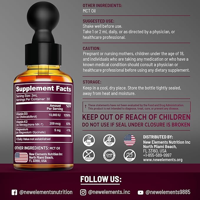 Liquid Vitamin D3 K2 10.000 IU with Magnesium Glycinate 5mg | VIT D3 K2 Drops for Adults | Mk7 Vitamin K2 200mcg | Vitamin D3 + K2 Supplement for Men & Women | Gluten Free | Non-GMO