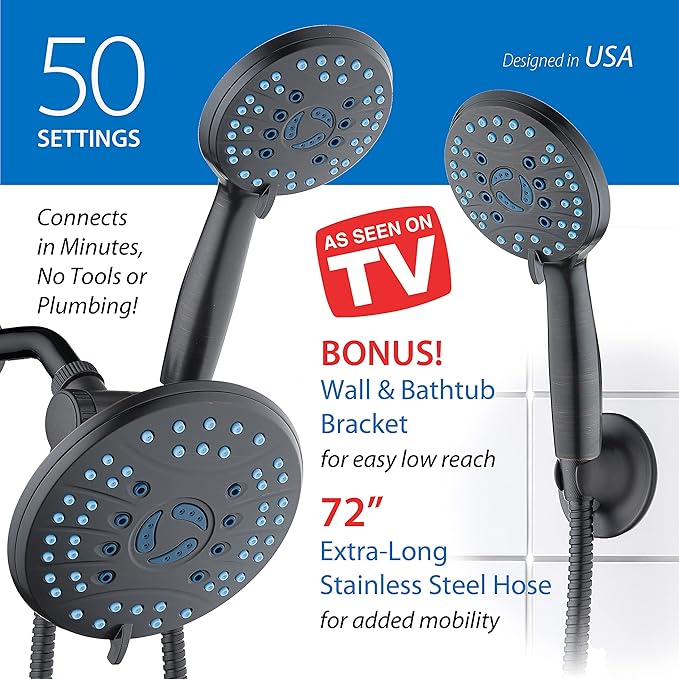 Hotel Spa AquaCare As-Seen-On-TV High Pressure 50-mode Rain & Handheld 3-way Shower Head Combo - Anti-clog Nozzles/Tub, Tile & Pet Power Wash/Extra Long 6 ft. Stainless Steel Hose/ORB Bronze Finish