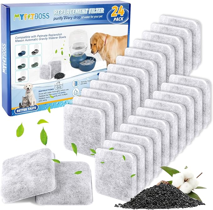 24 Pack Dog Water Fountain Filters, Pet Water Filter Replacement Compatible with Petmate Replendish Mason Pet Water Fountains, Car Drinking Filter for Gravity Waterer Bowls Dispenser