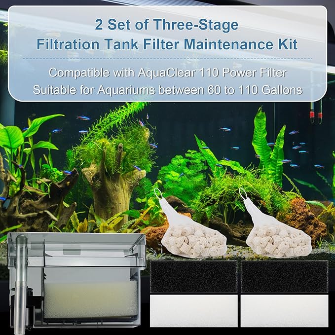3-Stage Filtration Replacement for Fluval AquaClear 110/500 Filter Media Kit with Ceramic Media, Carbon, Foam, Filter Media Kit for 60-110 Gallon Fish Tank Aquariums - 2 Sets