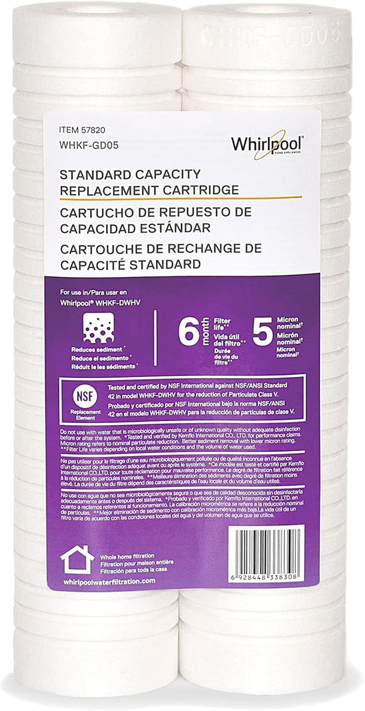 Whirlpool 10" x 2.5" Whole Home Standard Capacity Sediment Filters WHKF-GD05, 5 Micron, 6-Month Filter Life, Reduces Sediment, Sand, Soil, Silt & Rust, for standard filter housings, 2-Pack