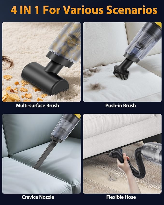 Handheld Vacuum Cordless 1.1 Pounds Car Vac 10000PA Hand Held Vacuums 4-in-1 Hand Vac Cordless Rechargeable HEPA Filter Large Capacity Dust Cup for Car Office Home Pets Hair (Lemon Yellow)