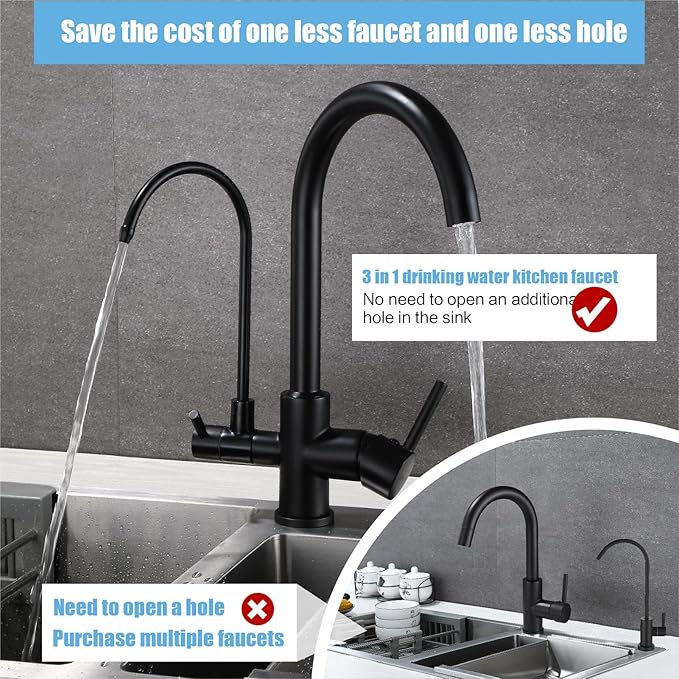 HUAHUALALA Kitchen Faucet with Filter Purifier, 3 in 1 Kitchen Faucet, 2 Handle Brass Drinking Water Faucet Reverse Osmosis Matte Black