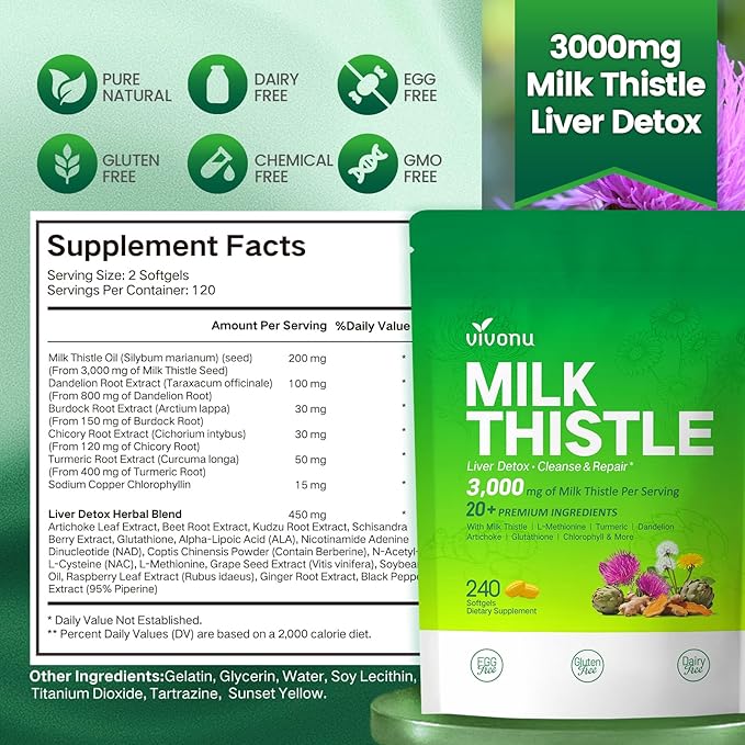 Milk Thistle Liver Detox Capsules, 3000mg Liver Cleanse Detox & Repair, 20-in-1 Advanced Support Complex with Milk Thistle, NAD, NAC, ALA, Dandelion,Glutathione, Artichoke, Turmeric, More 240 Softgels