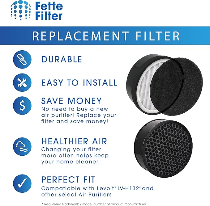 Fette Filter - Premium H13 True HEPA Replacement Filter compatible with Levoit Air Purifier LV-H132 Also Compatiable with other select Air Purifiers see listing for details Pack of 4