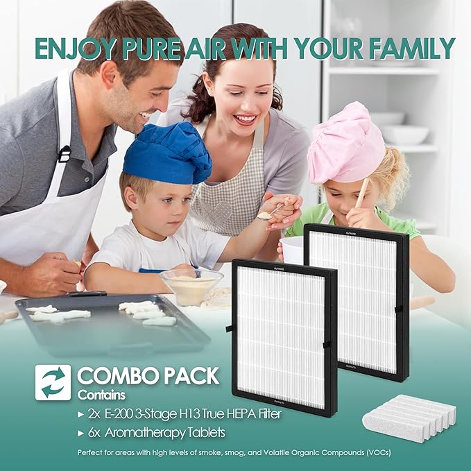 2-Pack E-200 Filter Replacement Kit Compatible with LUNINO Air Purifier Replacement Filter DSHAAPO04FE for LUNINO Air Purifier E-200, 3-in-1 Filtration, 2 High-Efficiency Filter & 6 Aromatherapy Pad