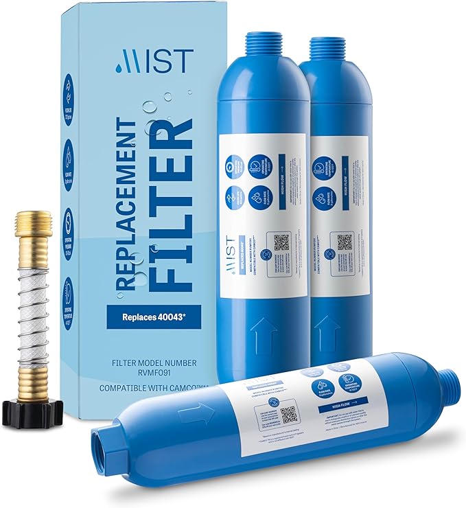 Mist 40043 Replacement for Camco RV Inline Water Filter 40043, 40013, 40041, with Flexible Hose Protector. Reduces Bad Taste, Odors, Chlorine, Lead and Sediment, 3 Pack