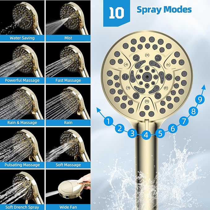 Hibbent All Metal Shower Head, 10'' High Pressure Rain Shower Head, Handheld Showerhead Combo, 16'' Adjustable Shower Extension Arm, 10 Sprays, 71'' Hose, Adhesive Showerhead Holder, Polished Brass
