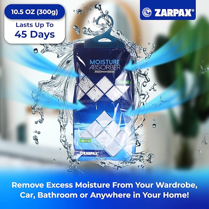 Hanging Moisture Absorber Activated Charcoal 10.6 oz/300g | Moisture Absorbing Bags for Bathroom, Closet & Kitchen | Removes Moisture, Humidity & Odors | Portable Dehumidifier | Set Of 10