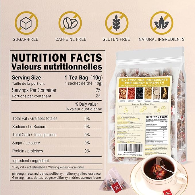 Ginseng Five Treasures Tea - Kidney Tea Wubao Tea, Kidney Cleanse Tea Ginseng Six Treasures Tea, Ginseng Red Date Natural Chinese Herbal Tea Bags for Men Women(250g/10g x25pcs)