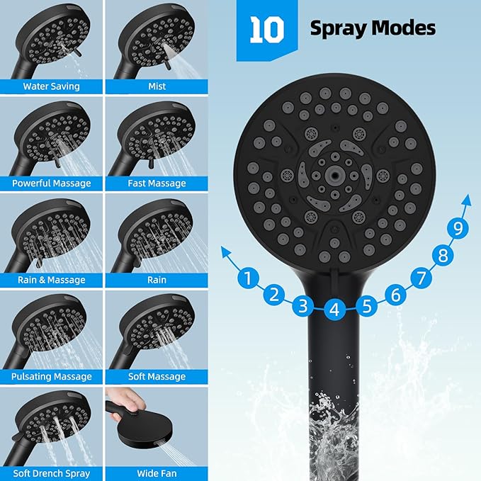 Hibbent All Metal Shower Head, 10'' High Pressure Rainfall Shower Head, Handheld Showerhead Combo, 12'' Adjustable Curved Extension Arm, 10 Sprays, 71'' Shower Hose, Showerhead Holder, Matte Black