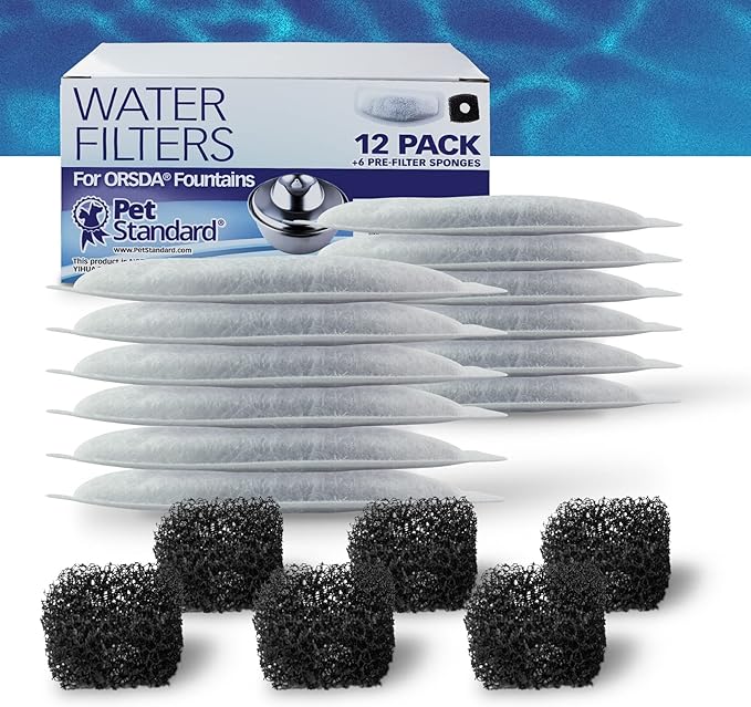 PET STANDARD Replacement Water Filter & 6 Pack Replacement Pre-Filter Sponges Compatible With ORSDA® 67oz/2L Stainless Steel Pet Water Fountains, Pack of 12