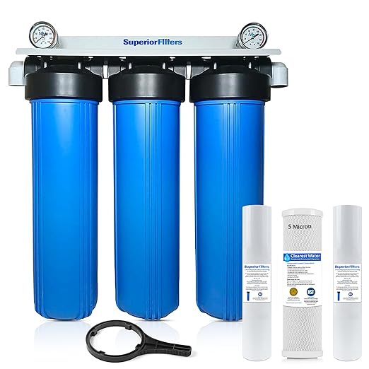 Superior Three (3) Stage Water Filter System 20" H X 4.5" NSF Certified 3 Filter Set | Whole House Water Filter System | with 3 Filters for Clean Drinking Water | 2 Pressure guages | Fully Assembled