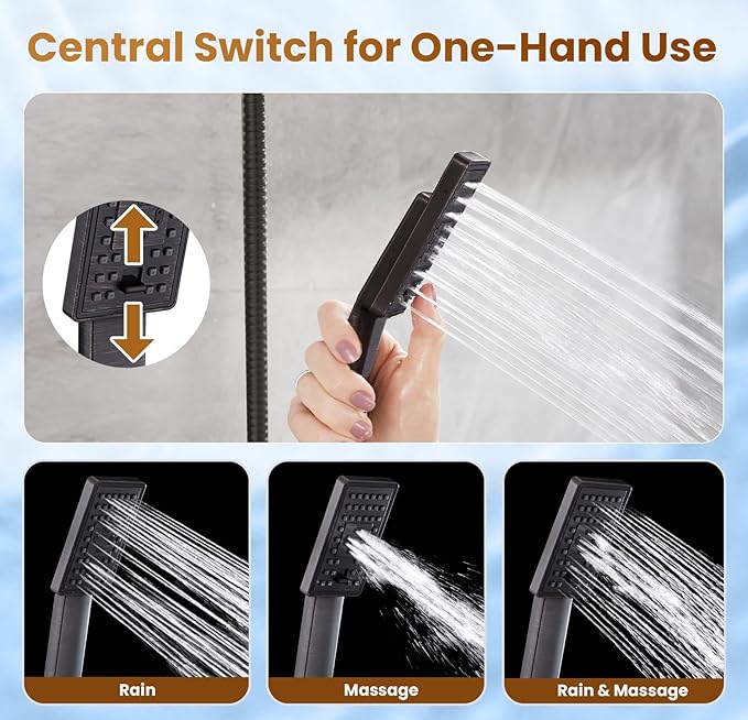 BRIGHT SHOWERS Rain Shower Head with Handheld Spray, 8 Inch Rainfall Shower Head Combo with 60" Hose, Adjustable Dual Square Showerhead Set with 3-Way Diverter, Wall Bracket, Oil-Rubbed Bronze