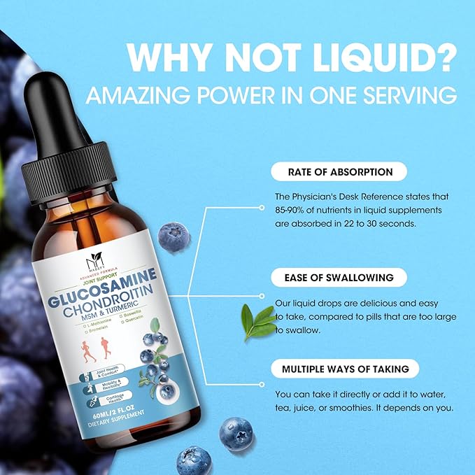 Glucosamine Chondroitin MSM Liquid Drops - Joint Support Supplement with Turmeric Boswellia, Bromelain, Hyaluronic Acid, Relief for Back, Knees & Hands,Blueberry Flavor, 2 Fl Oz