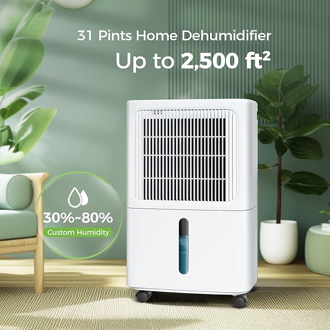 2500 Sq.ft Dehumidifier for Home and Basement, 31 Pint Dehumidifier with Drain Hose, Intelligent Humidity Control, 3 Operation Modes,24HR Timer,Auto Defrost, Ideal for Large RV, Bathroom, Bedroom