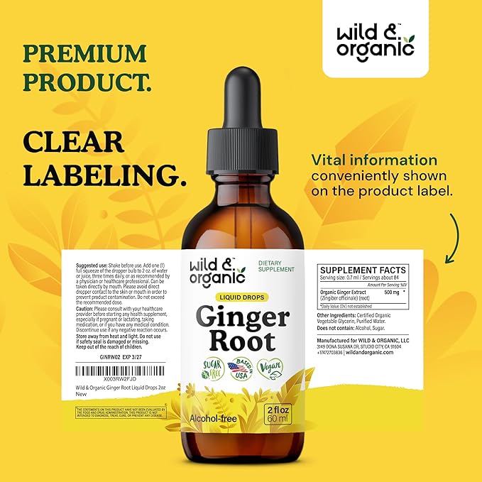 Wild & Organic Ginger Extract Liquid Drops - Immune & Digestive Support - Liquid Ginger Root Supplement - Vegan, Sugar & Alcohol-Free Tincture - 2 fl oz