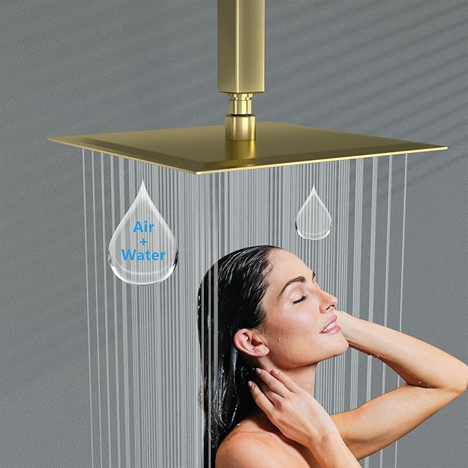 Lordear Rainfall Shower Head 10 Inch Gold Rain Shower Head Square Solid Ultra Thin 304 Stainless Steel Fixed Rainshower Head with Self Cleaning Nozzles