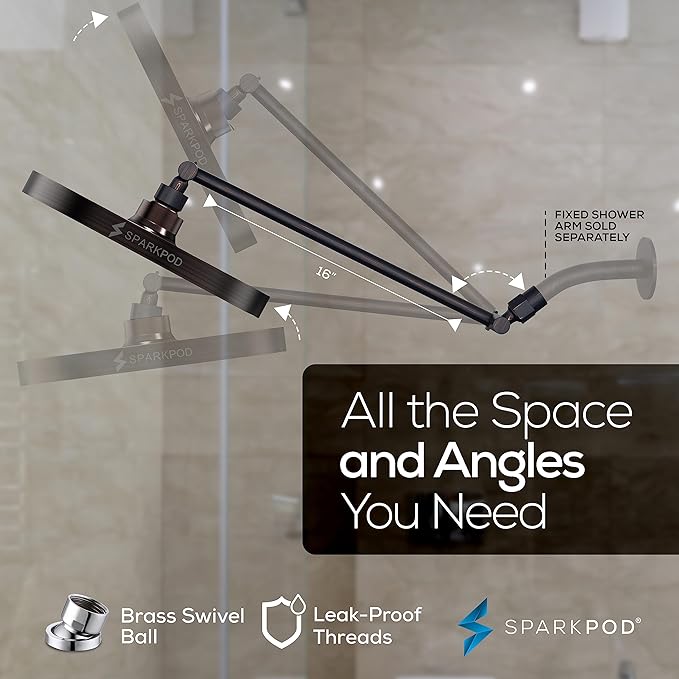 SparkPod Round Rain Shower Head with Extension Arm - Height Adjustable Shower Head with High Pressure Performance - Easy 1-Minute Installation (16" Arm Extension, Vintage Oil-Rubbed Bronze)