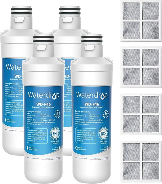 Waterdrop LT1000PC ADQ747935 Refrigerator Water Filter and Air Filter, Replacement for LG® LT1000P®, LMXS28626S, LFXS26973S, LFXS26596S, LFXS28596S, ADQ74793501, ADQ74793502 and LT120F®, 4 Combo