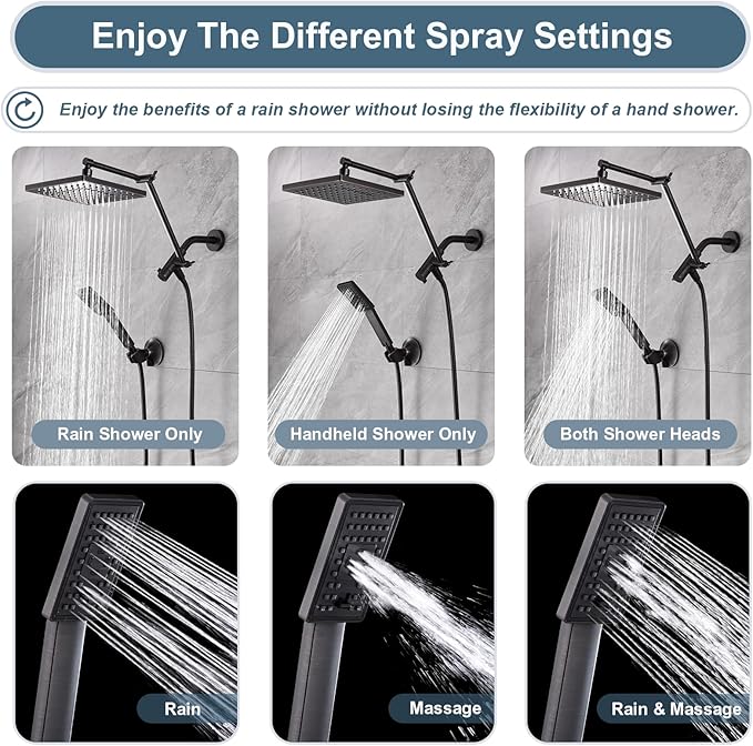 BRIGHT SHOWERS High Pressure Rain Shower Head Combo with Double Extension Arm, 8 Inch Rainfall Shower Head with Handheld Spray, Height Adjustable Dual Square Showerhead Set, Oil-Rubbed Bronze
