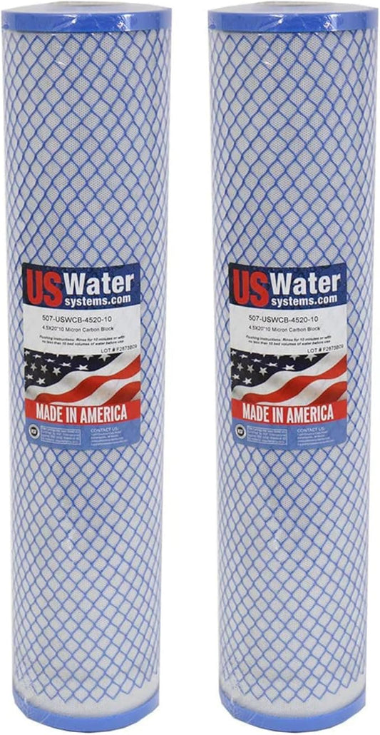 US Water Systems Carbon Water Filter 20 x 4.5, Whole House Water Filter Cartridge 10 Micron, Removes Contaminants for Superior Taste and Odor Removal, Made in the USA - Pack of 2