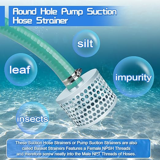 2” Pump Suction Hose Strainer, Round Hole Steel Basket Water Suction Filter, Carbon Steel Plated, with NPT Female Thread (2 inch)