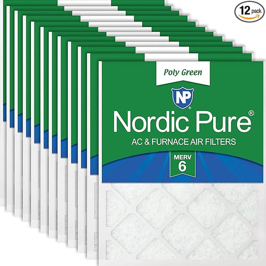 Nordic Pure 20x20x1 (Actual Size: 19 1/2 x 19 1/2 x 3/4) Poly Green MERV 6 AC Furnace Air Filters – Reduces Dust, Pollen, Pet Dander & Allergens – 12-Pack