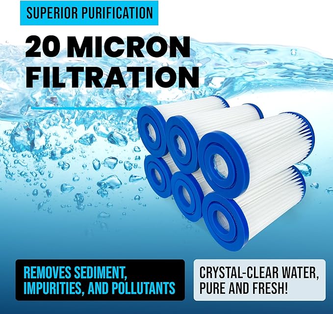 Cold Plunge Water Filter Cartridges, 20 Micron Sediment Filters, 5” Universal Fit (2.5” x 5”), Compatible with Cold Plunge Chillers & Whole Home Systems, Pack of 6