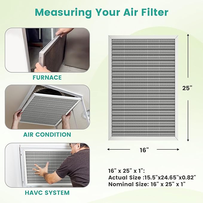 16x25x1 HVAC Furnace Air Filter, Reusable Washable Electrostatic Furnace Filter, MERV 8, Lasts a Lifetime, Breathe Fresher, Home And Office (Actual Size:15.5x24.65x0.82 Inch)