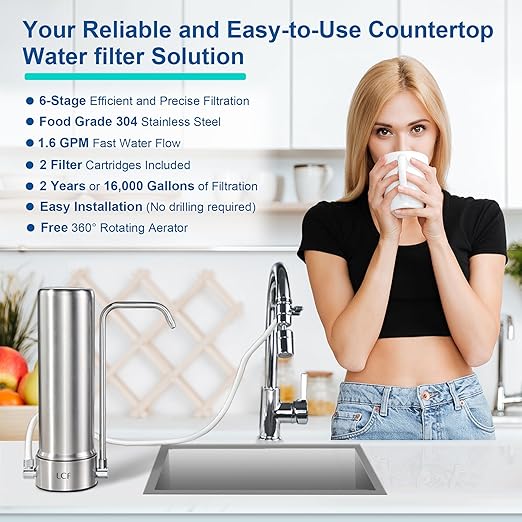 LCF Upgrade Countertop Water Filter, 𝐒𝐢𝐥𝐯𝐞𝐫 𝐈𝐨𝐧𝐬 Enhanced 6-Stage Stainless Steel Water Filter for Sink Faucet, Reduces Heavy Metals, Bad Taste & 99% Chlorine, 16,000 Gallons(2 Filters)