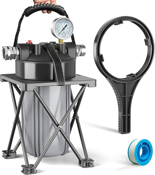 6-Layer RV Water Filter with Stand and 0.5 Micron Filtration, 3/4" GHT Metal Threads Garden Hose Water Filter, Reduces Sediments, Chlorine, VOCs, Heavy Metals, Bad Taste, Odor, and More