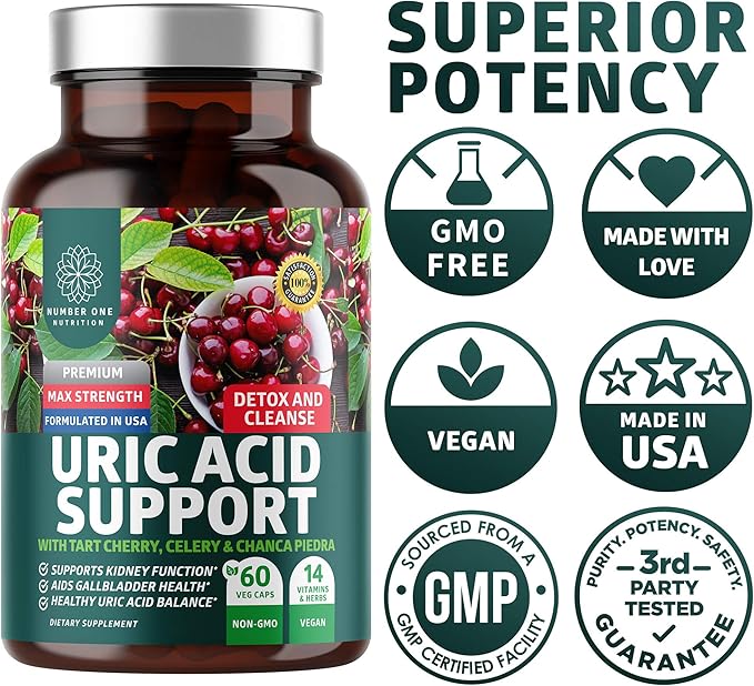 N1N Premium Uric Acid Support Supplement [14X Potent Herbs] All Natural Kidney and Uric Acid Cleanse with Tart Cherry, Milk Thistle, Cranberry, Celery, Chanca Piedra, 60 Veg Caps