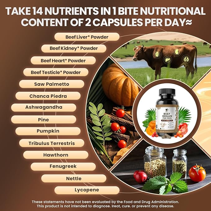 Beef Organ Supplement for Men, 14-in-1 Complex - Beef Liver, Kidney, Heart, Saw Palmetto, Chanca Piedra, Supports Prostate Health, Overall Wellness - Grass Fed & Pasture Raised - 120 Capsules