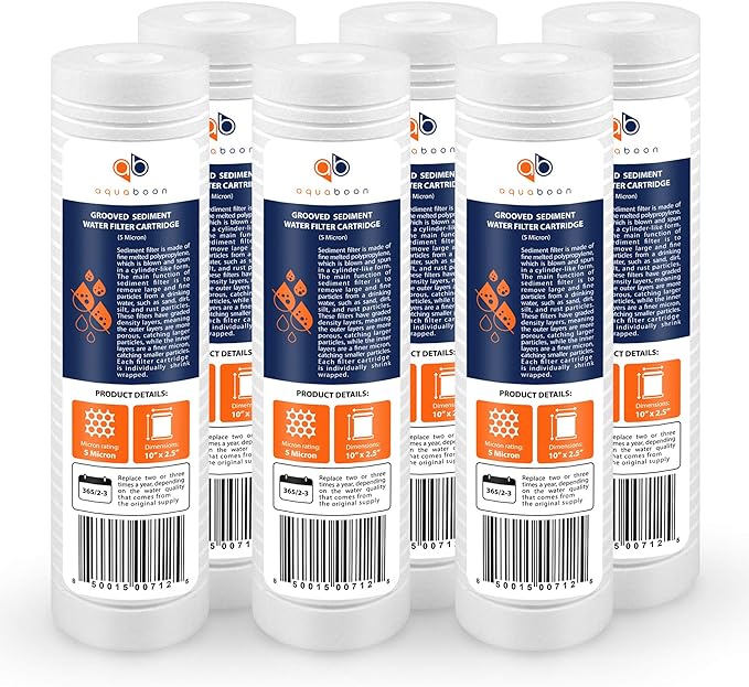 Aquaboon 5 Micron 10 x 2.5 Grooved Sediment Water Filter Replacement for Whole House Filter Cartridge Compatible with AP110, WHKF-GD05, CFS110, 6-Pack