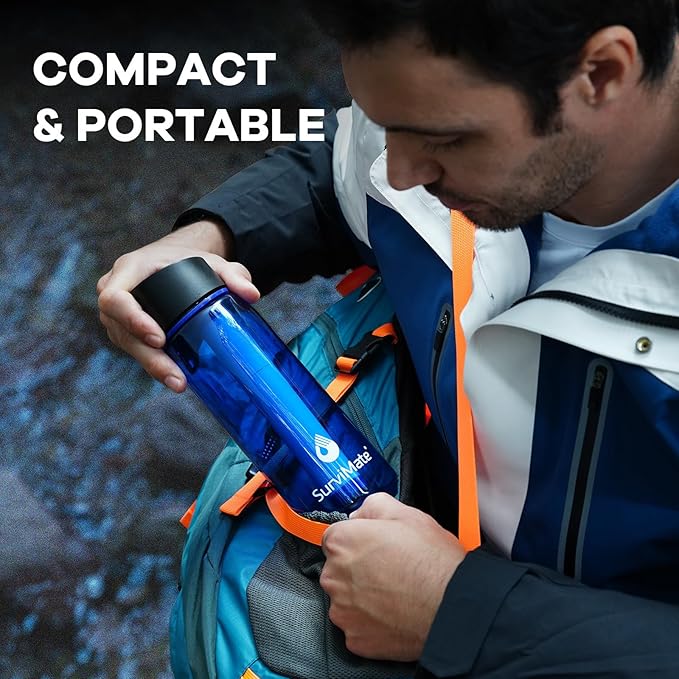 Survimate 5-Stage 0.01μm Ultra-Filtration Filtered Water Bottle, BPA-Free Material, NSF/ANSI 42&372 Certified, Portable Water Filter Bottle for Survival, Camping, Hiking, and Emergency Use