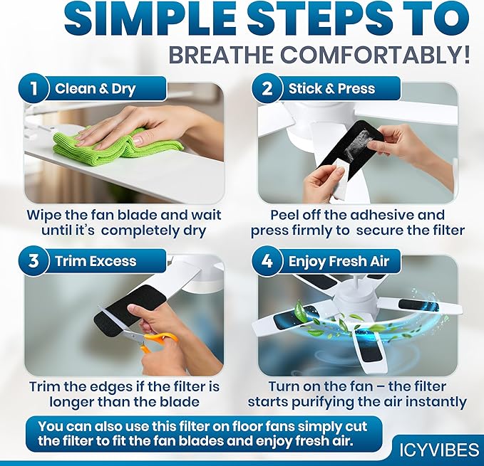 Premium Ceiling Fan Filters for Blades – 10 Pcs Activated Carbon Air Purifier Pads – Unscented Washable, Reusable, Coconut Shell Charcoal Dust Catcher Covers for Home Lighting, Colorfill Fan Extractor