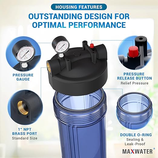 20" 1 Stage Whole House Water Filter System 1" Ports Double O Ring Clear Filter Housing + Gauge w/ 5-Micron Polypropylene Sediment Water Filter Good for RV (1 Stage Sediment 5 Micron)